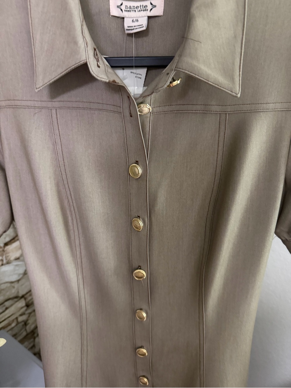 Nanette Lepore Taupe Button-Front Shirt with Gold Accents